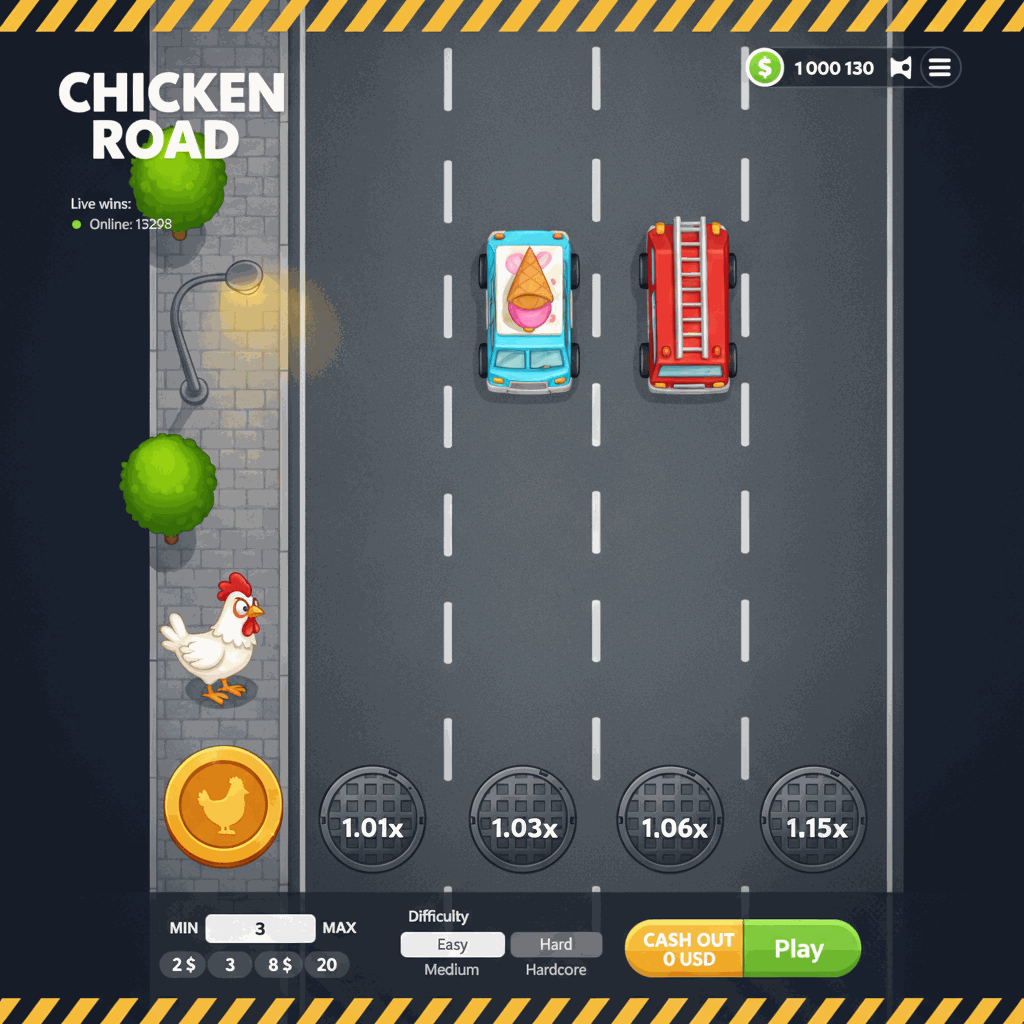 Schermata di gioco di Chicken Road mostrando un pollo cartoon che attraversa una strada trafficata con corsie multiple, moltiplicatori crescenti visualizzati su tombini metallici, indicatore delle vincite in tempo reale e pannello di controllo con pulsanti di puntata e incasso